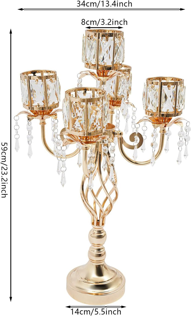 5-Arm Gold Crystal Candle Holder Set of 4, Elegant Table Centerpiece | Electroplated Iron Candelabra for Weddings &