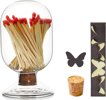 Glass Match Holder Jar with Striker, Decorative Glass Container for Matches Fireplace and Home Display (Simple)