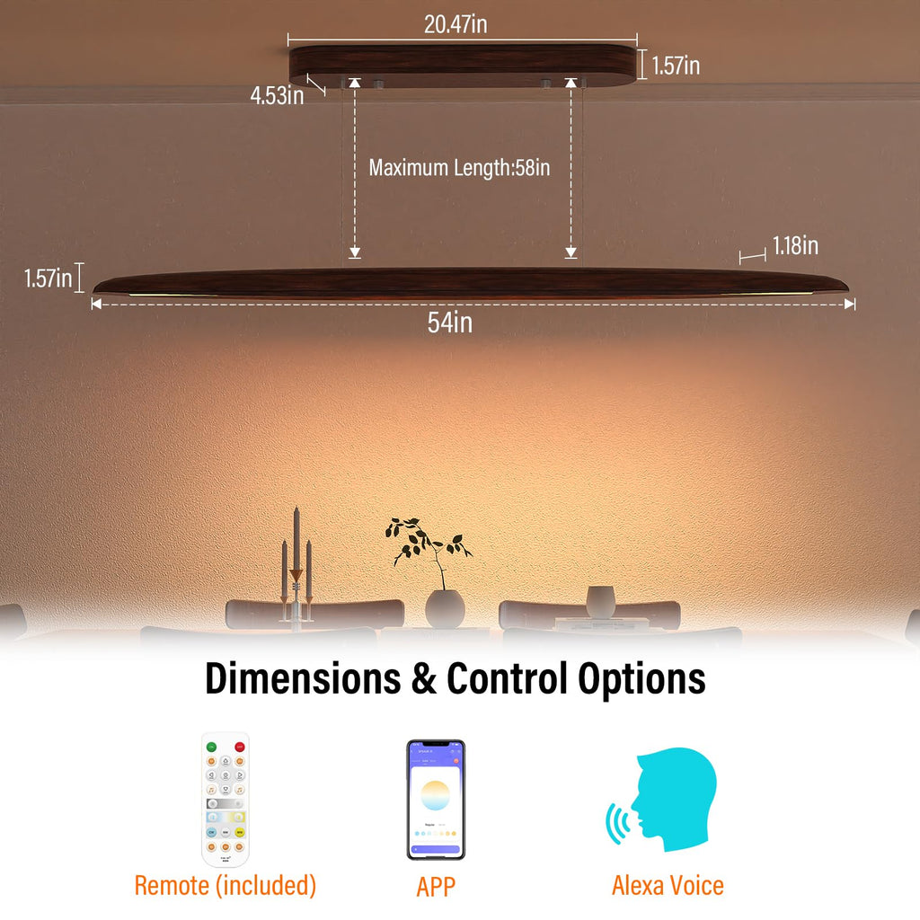 44" Wood Linear Pendant Light, 30W LED Dimmable Island Lights