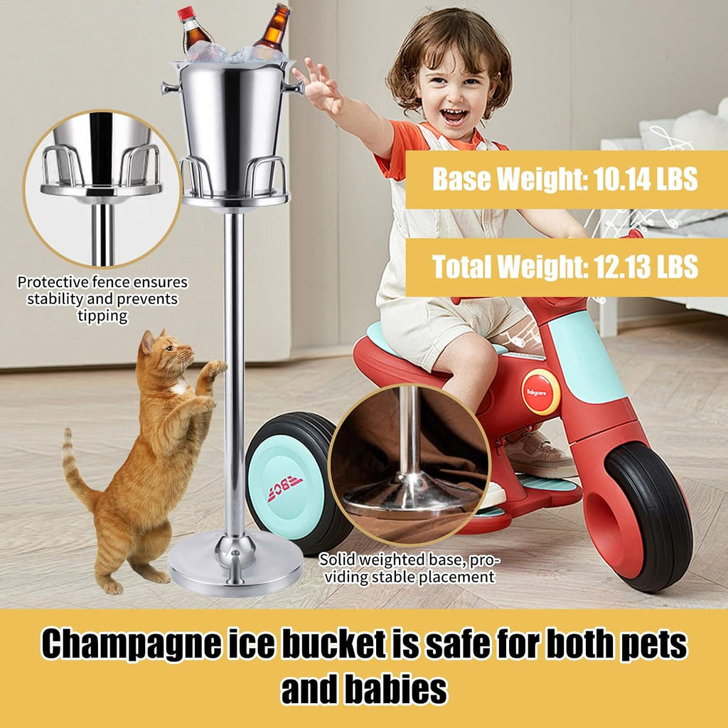 Silver Ice Bucket with Stand, large Champagne Ice Bucket 1.32 gal, Stainless Steel Ice Bucket, 3Ft Tall Ice Bucket