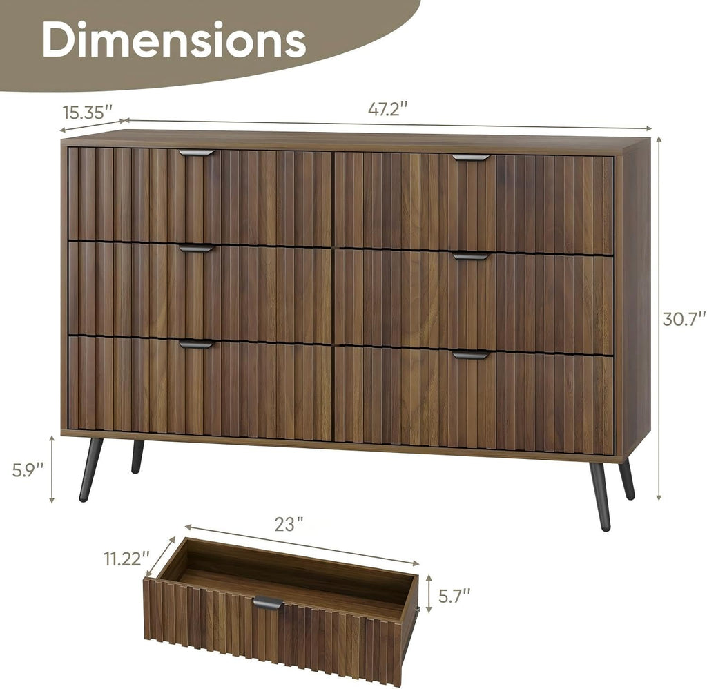 Fluted 6 Drawers Dressers, 47.24" W Chest of Drawers, Mid- Century Modern Wooden Dresser TV Stand Drawer Storage