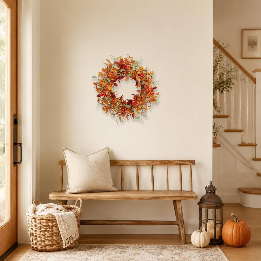 18 Inch Fall Wreath for Front Door, Autumn Floral Wreath with Orange Leaves, Berry Clusters, Flowers and Greenery for