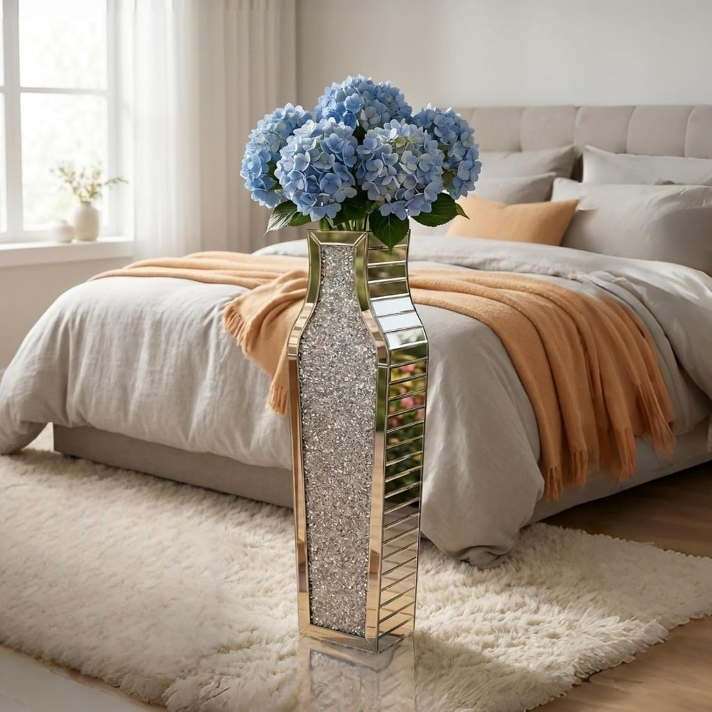30" Large Double Sided Crushed Diamond Vases,Tall Silver Mirrored Vase for Floor,Big Crystal MirrorDecorative Vase