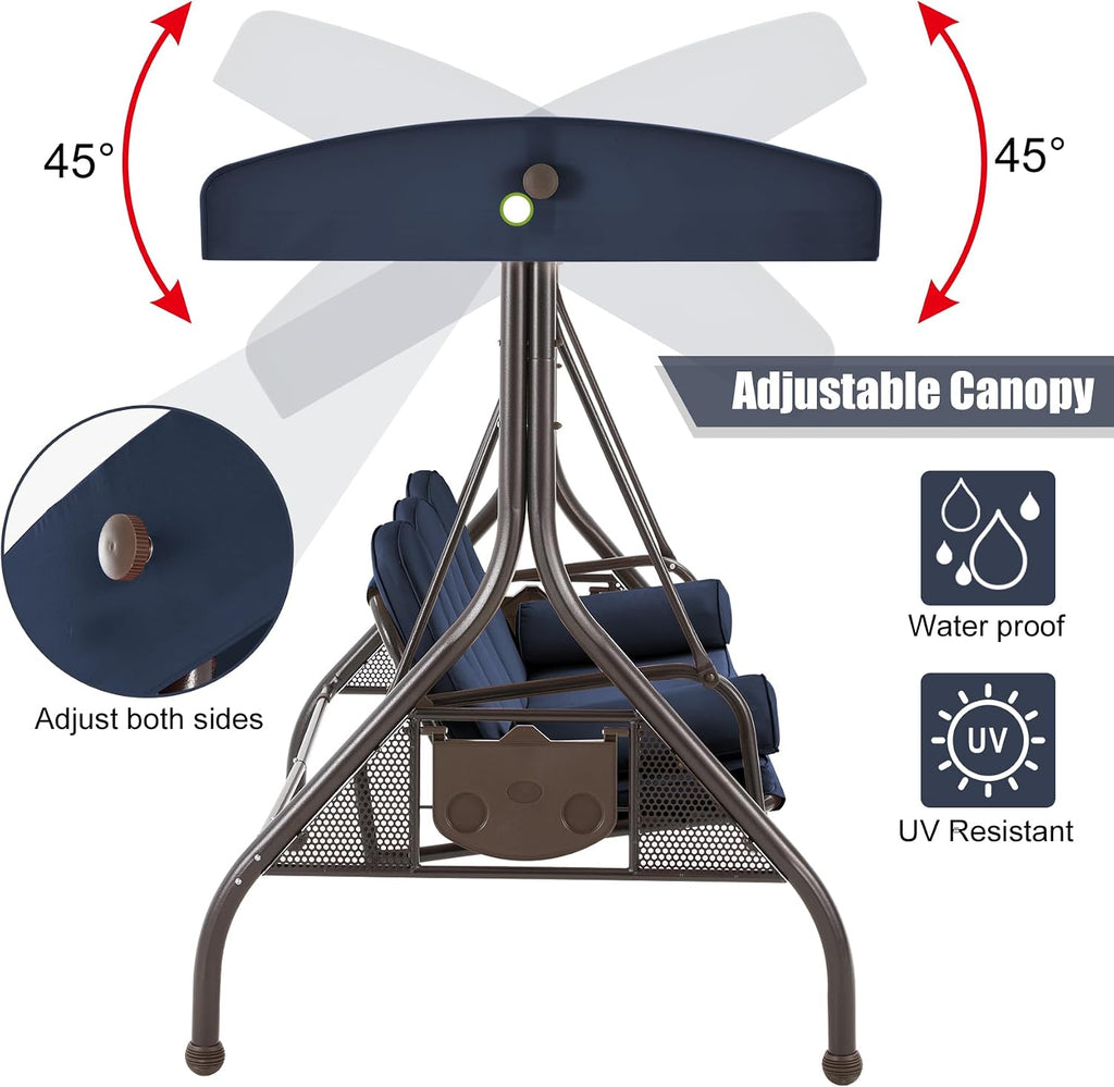3-Seat Outdoor Porch Swing with Adjustable Canopy, Convertible 2-in-1 Patio Swing Bed with Heavy Duty Stand, Glider