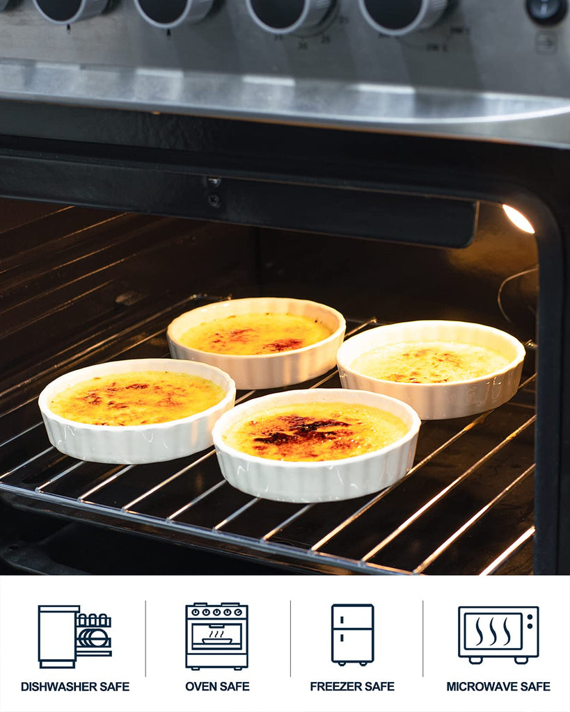8 Oz Creme Brulee, Porcelain Oven Safe, Round Tart Pan Mini Fluted Quiche Dishes, Set of 6, White