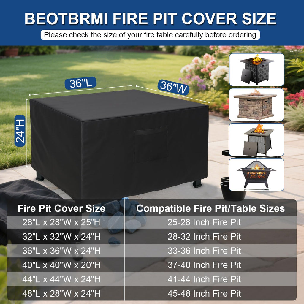 36" Square Fire Pit Cover - 600D Heavy Duty Fire Table Cover