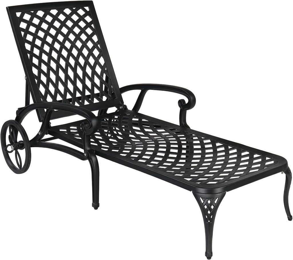 Cast Aluminum Outdoor Chaise Lounge Chair with Wheels, Patio Chaise Lounges with 3-Position Adjustable Backrest, Pool