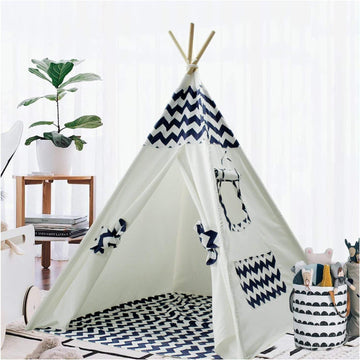 Teepee Tent for Kids - Play Tent with Mat, Indoor Outdoor Playhouse, Indian Canvas Tipi Wigwam, Children's Navy