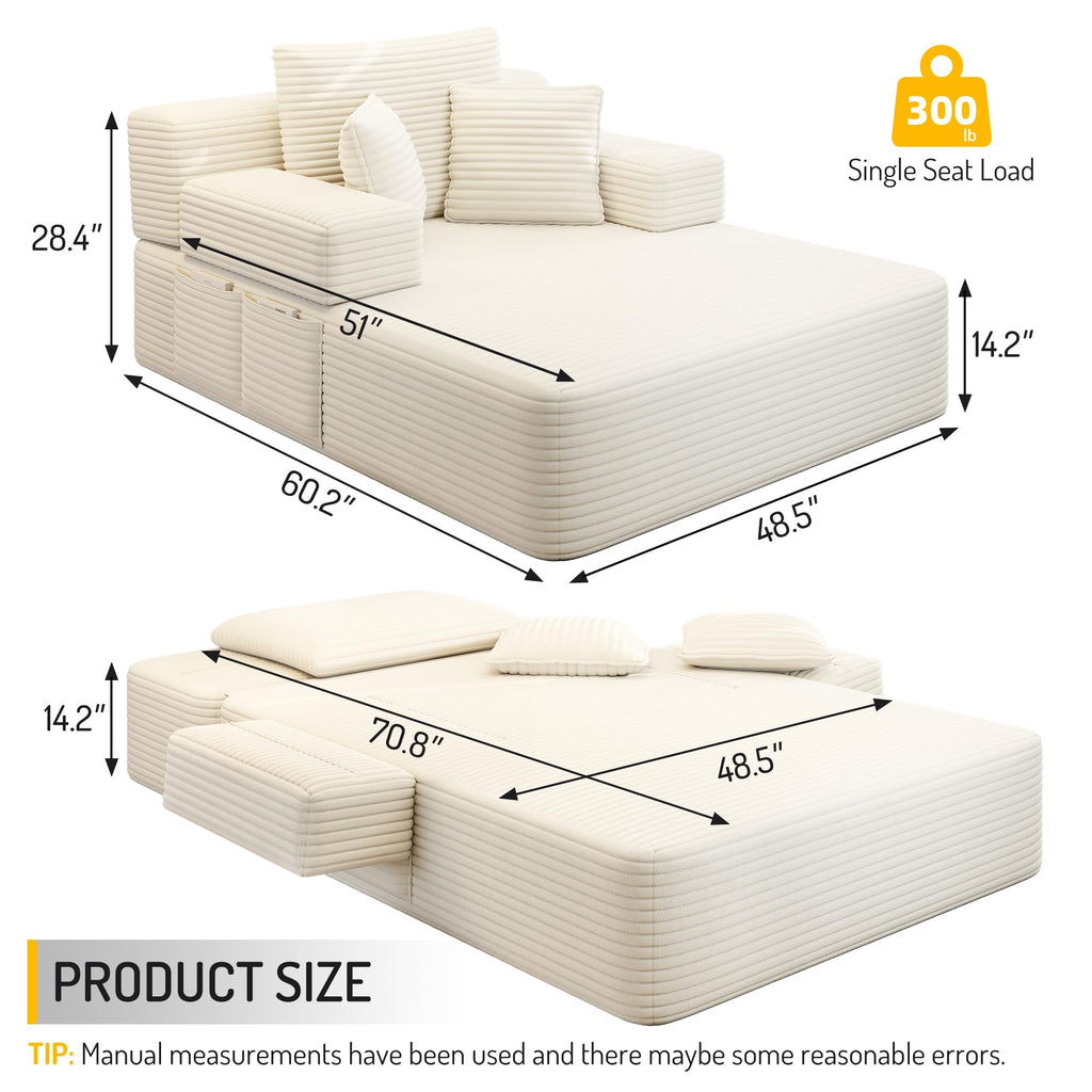 48.5'' Oversized Chaise Lounge Indoor, Corduroy Boneless Couch, Beige