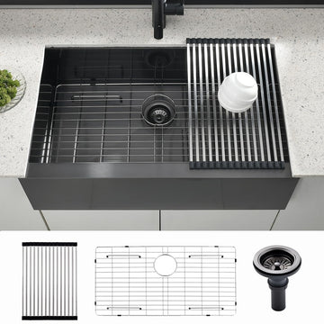 33x20 Inch Black Undermount Farmhouse Sink, 33 Inch 16 Gauge Black Stainless Steel Undermount Farm Sink Flat Apron