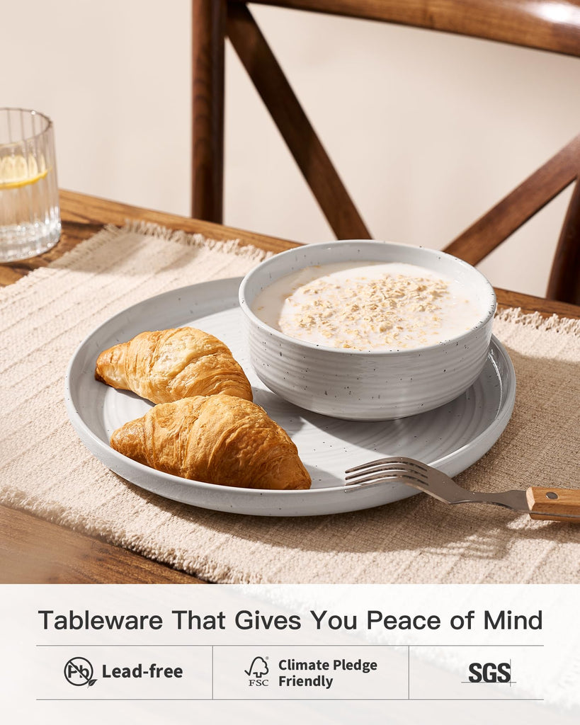 Stoneware Dinnerware Sets for 4, Coupe Plates & Bowls, White Reactive Glaze