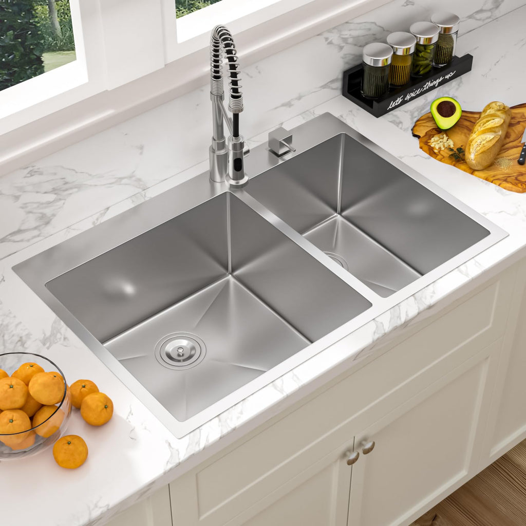 33 Inch Kitchen Sink Drop In Double Bowl- 33x22 Inch Drop Kitchen Sink Stainless Steel 16 Gauge Topmount Double Basin