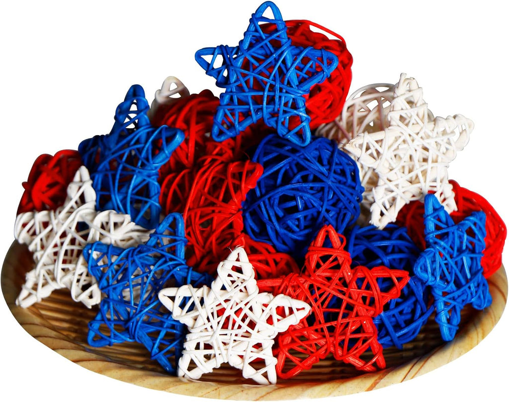 4th of July Rattan Balls Decorations, 2 Inch Star Shaped Wicker Balls & Red White and Blue Wicker Balls - Set of 36
