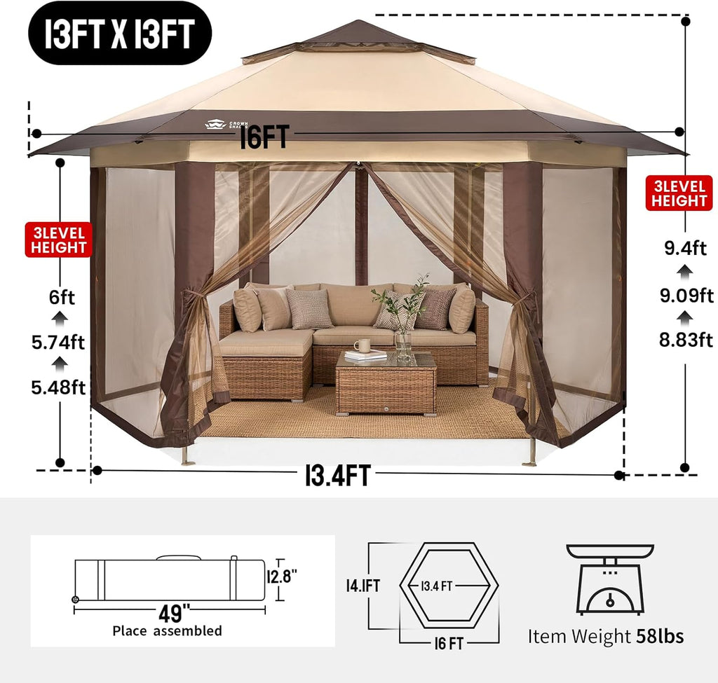 13x13 Pop Up Gazebo with Mosquito Nettings, Beige&Coffee | Portable Gazebo with CENTERLOK