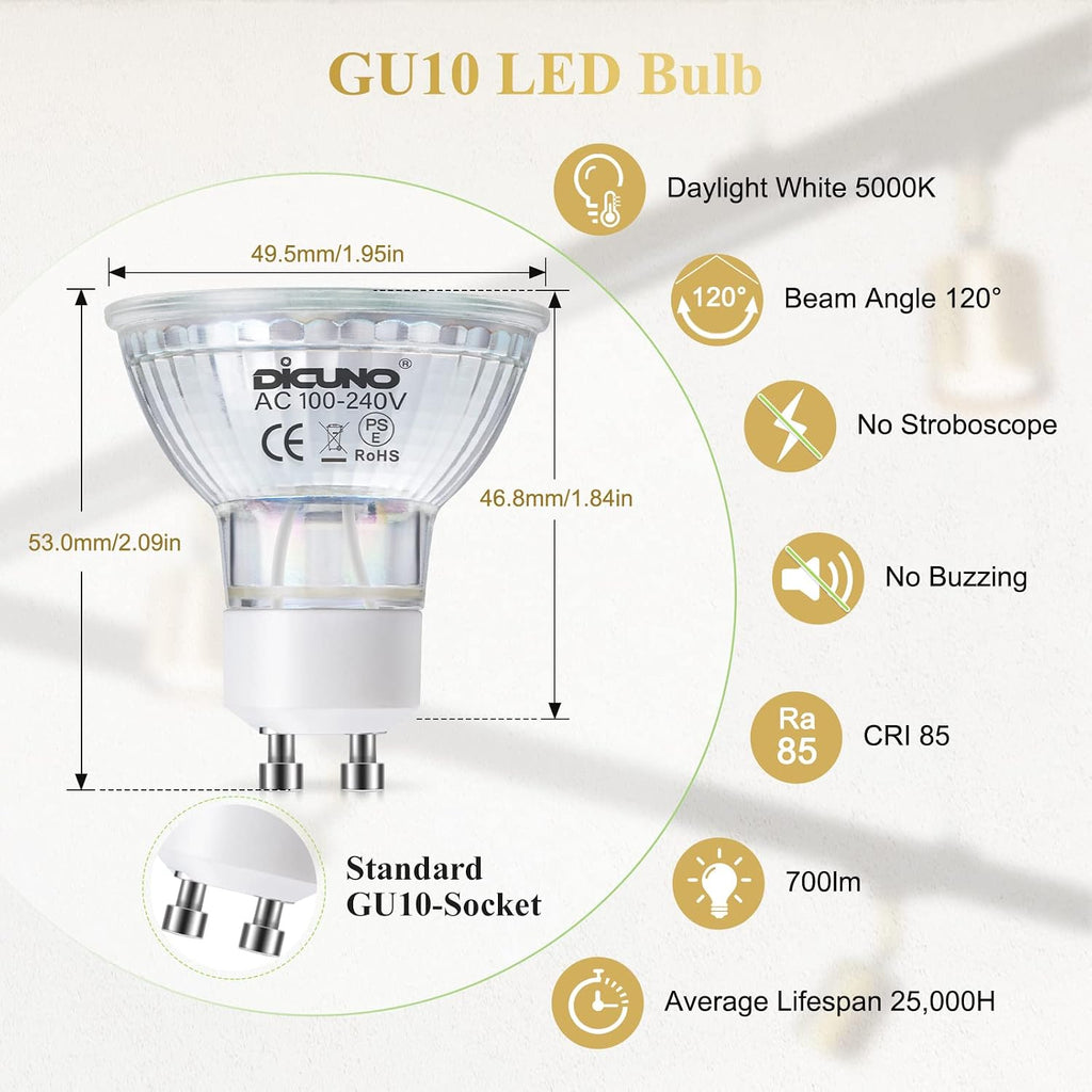 GU10 LED Bulbs 60W Equivalent, Daylight White 5000K, 700LM, 6-Pack