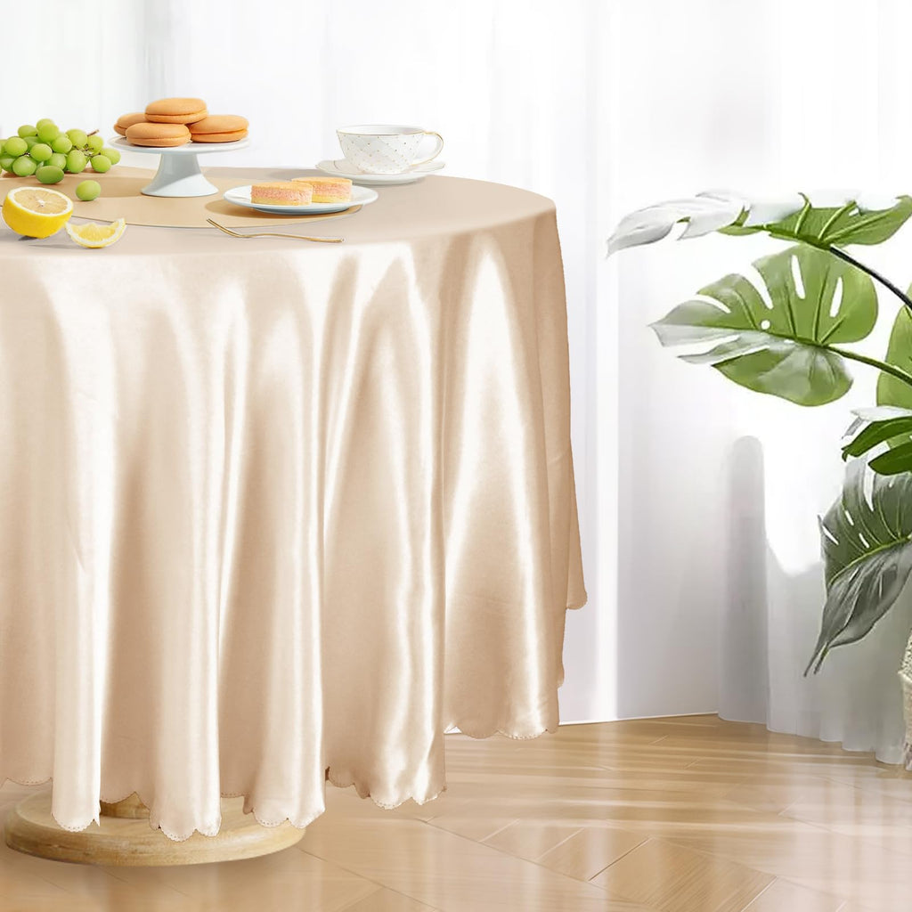 2 Pack 120 Inch Round Satin Tablecloth, Champagne, for 8-12 Seats