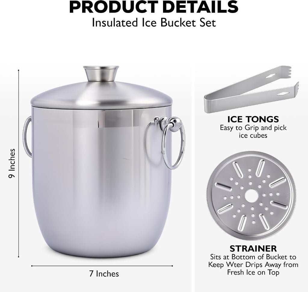 Insulated Ice Bucket With Lid, Tongs & Strainer - 3 Liter Premium Stainless Steel Ice Bucket for Cocktail Bar, Keeps