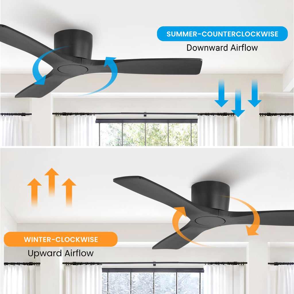 48 Inch Ceiling Fan without Light, Flush Mount Low Profile Fan with 3 Solid Wood Blades, Quiet Reversible DC Motor, 6