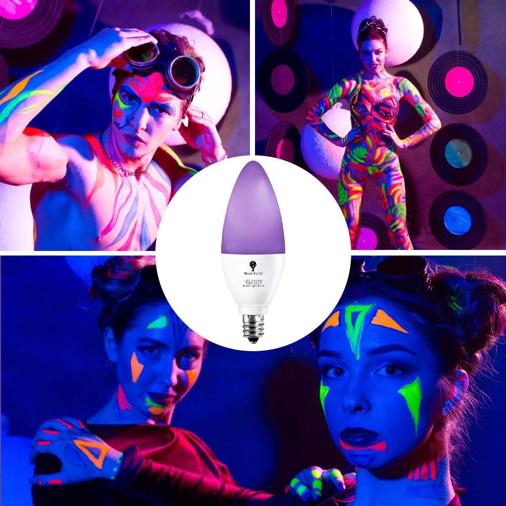 2 Pack LED Black Light Bulb, 6W E12 Candle Blacklight Bulb Level 385-400nm, Body Paint, Glow in The Dark Party E12