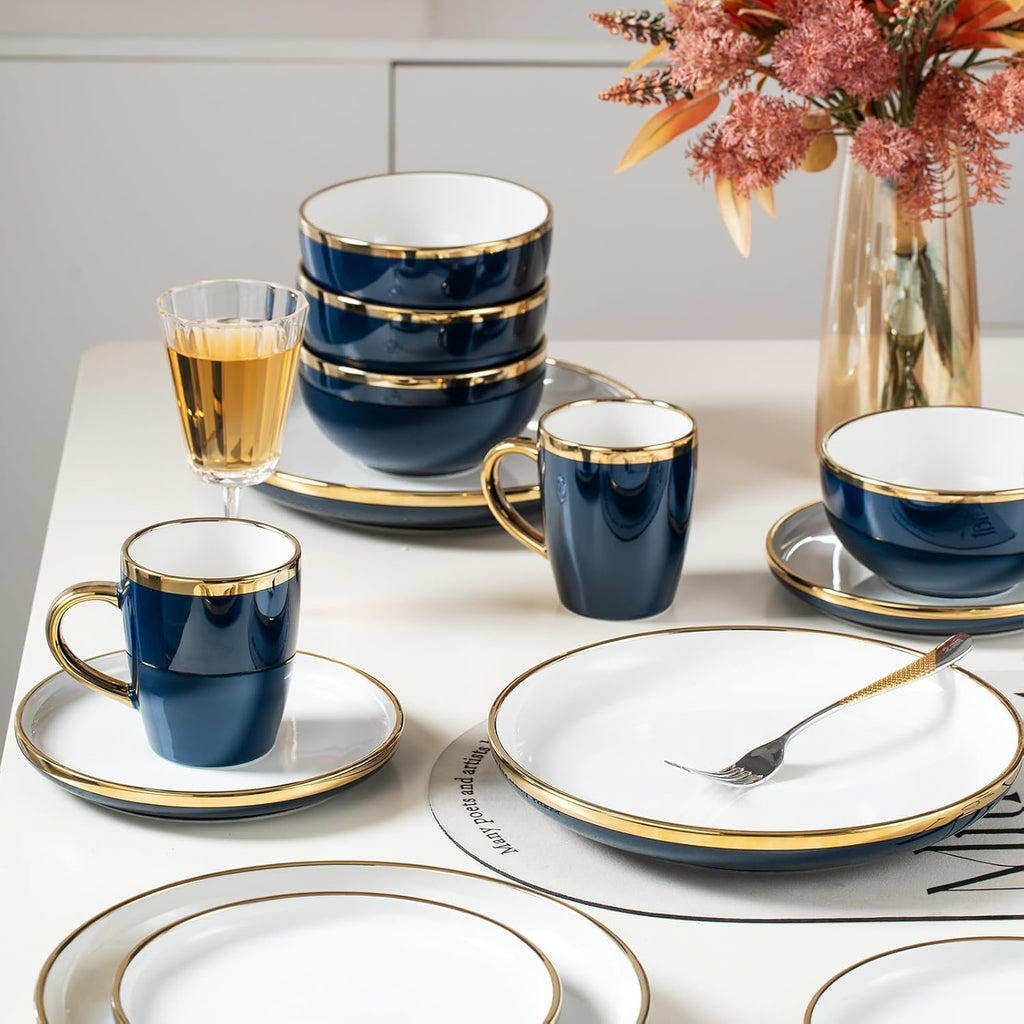 Blue and Gold Ceramic Dinnerware Sets for 4, 16-Piece Luxury Plates and Bowls Sets with Gold Rim, Modern Dish Set