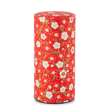 Japanese Tea Canister Tin (Yuzen Washi Paper - Plum/Red), 7.06oz Size/Made in JAPAN with Includes Inner Lid of