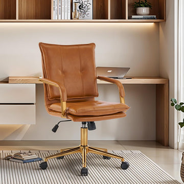Mid-Back Ergonomic Leather Office Chair, Modern Upholstered Executive Desk Chair with Gold Frame Armrest Computer