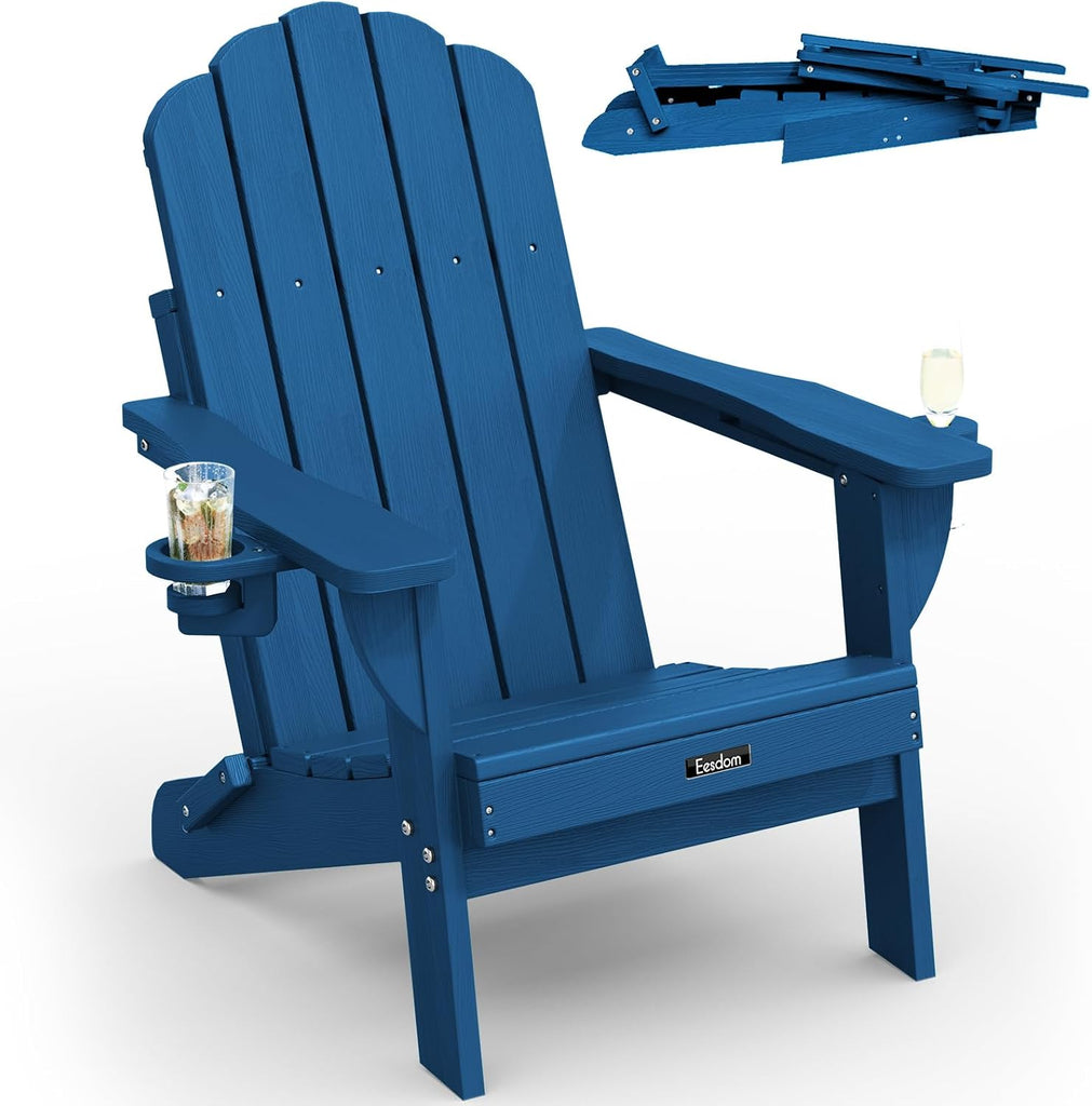 Folding Adirondack Chair, All-Weather HDPE Patio Chair with 2 Cup Holders | Wide Armrest, Wood Grain, Oversized