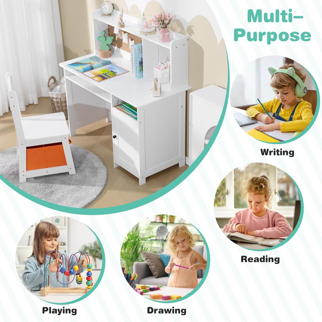 Wooden Kid's Study Desk and Chair Set w/Bookshelf, Corkboard & Storage Bin