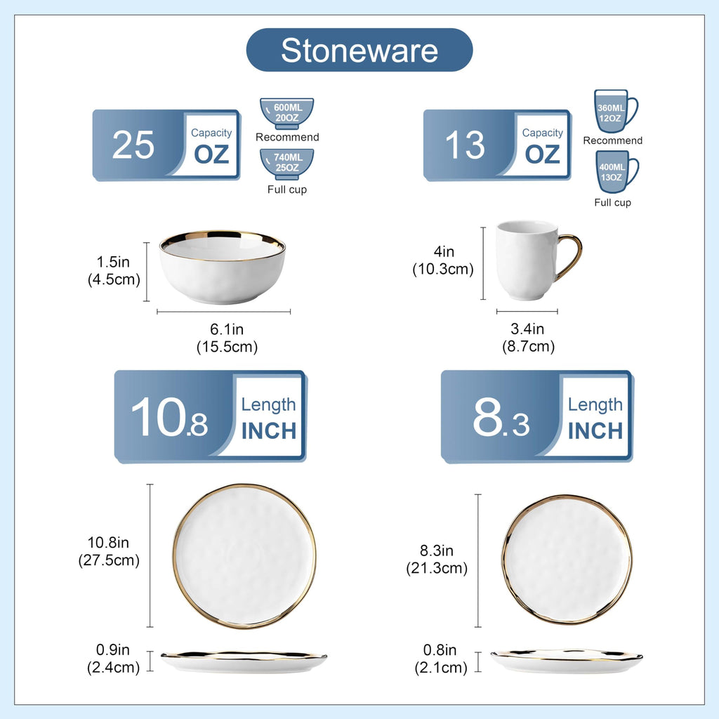 16 Pieces Plates and Bowls Sets, Porcelain White and Gold Dinnerware Sets, Round Dinner Plates Dishes Set Service