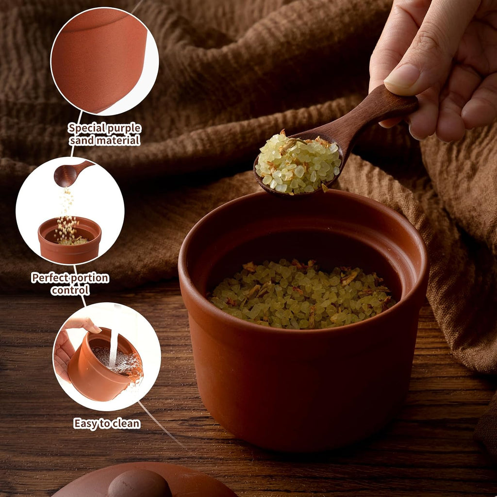 Salt Cellar with Lid and Wooden Spoon, 8 oz, Handcrafted Zisha Clay Salt Container Heavyweight Spices Jar - Set of 2