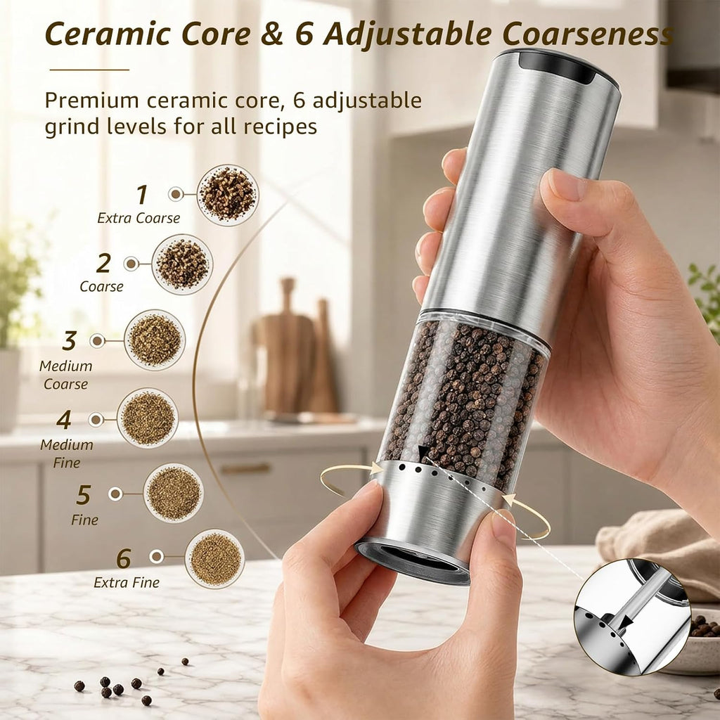Electric Salt and Pepper Grinder Set Type-C Charging, 6 Levels, LED Light - Set of 2