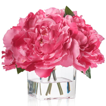 Artificial Peonies Flowers Arrangements in Cube Glass Vase, Silk Flower Centerpieces Table, Coffee Table Decor, Faux