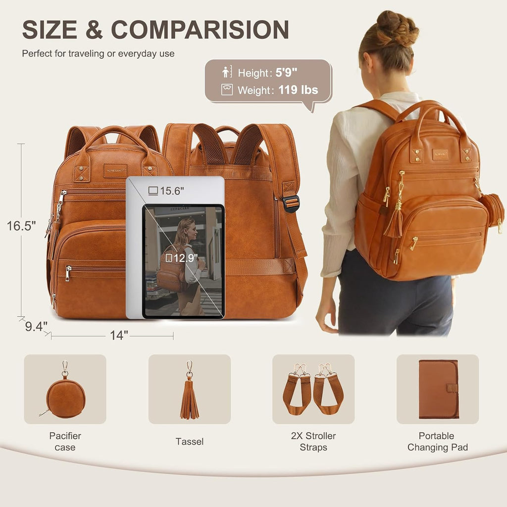 Premium Vegan Leather Diaper Bag Backpack with Waterproof Changing Pad, Reinforced Zippers & Odor-Free, 20 Pockets