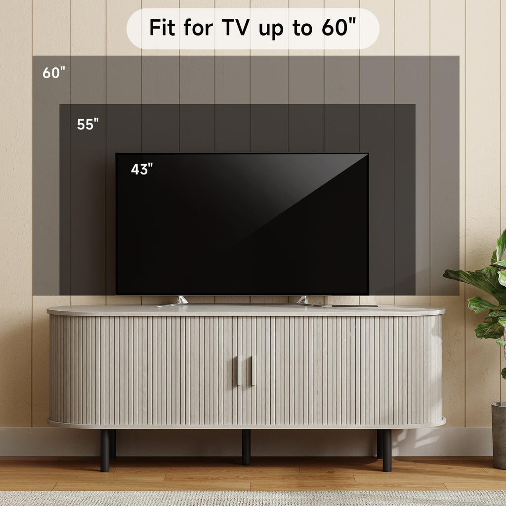 55" TV Stand with Power Outlet & Storage for TVs 60", Natural White