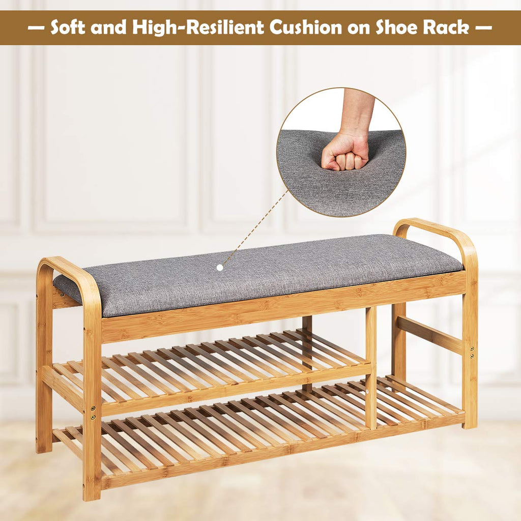 Bamboo Entryway Shoe Bench, 3 Tier Sturdy Shoe Rack with Flip Top Storage Space and Padded Cushion, Compact Shoes