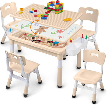 Kids Table and Chairs Set Large Storage, Height Adjustable
