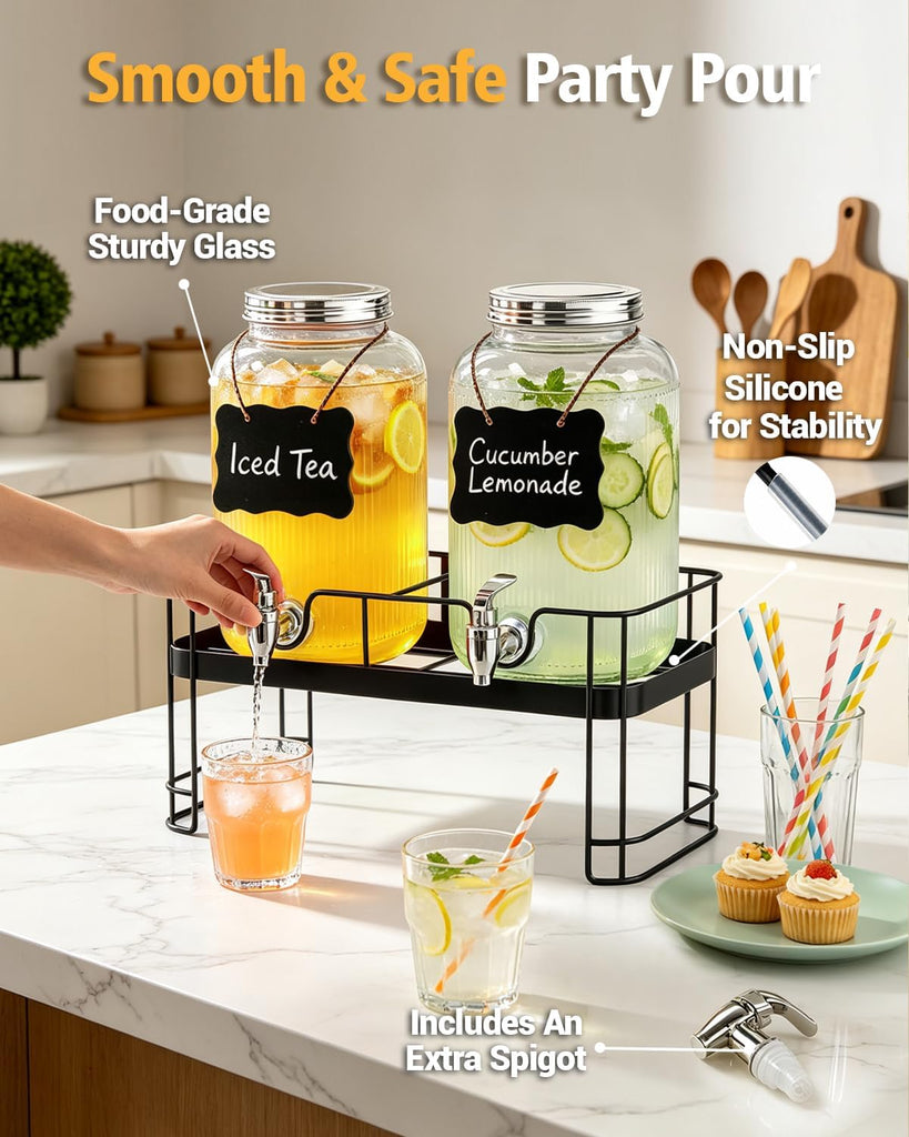 Drink Dispensers for Parties, 2 Pack 1 Gallon Glass Jars with LED Stand - Set of 2
