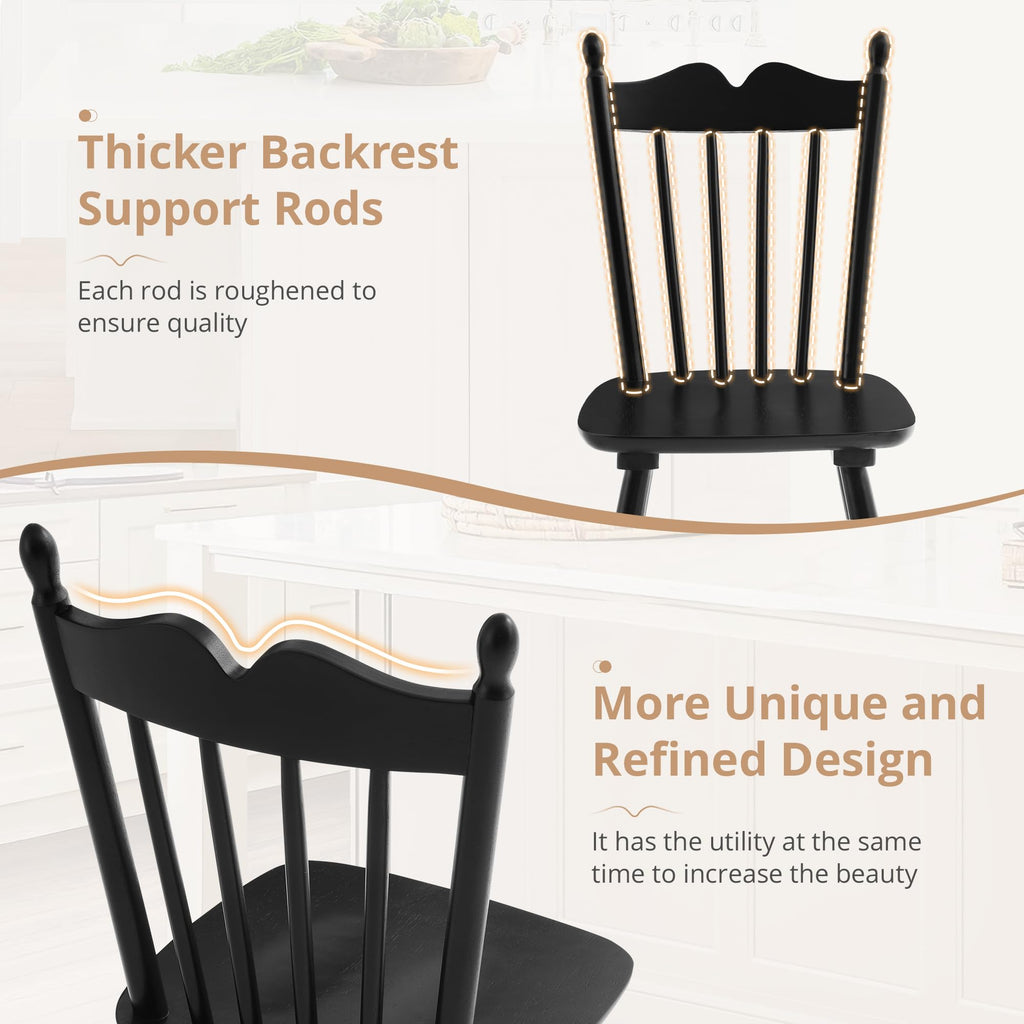 Black Dining Chairs Set of 4, Windsor Wooden Dining Chair with Thickened Backrest, Morden and Mid Century Kitchen