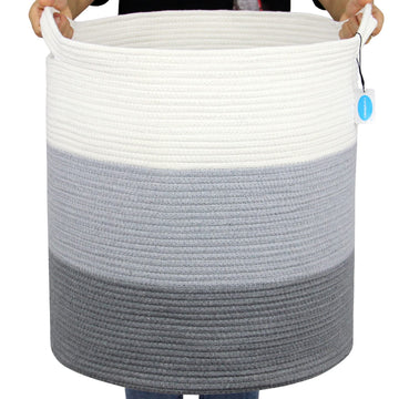 Cotton Rope Storage Basket for Organizing,Round Blanket Basket Living Room,Woven Laundry Basket with Handles