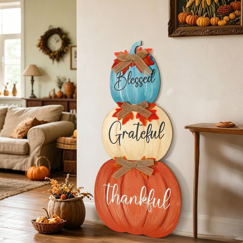 Fall Porch Decoration Blue Orange Stacked Pumpkins Wooden Standing Decor Harvest Outdoor Sign Farmhouse Autumn