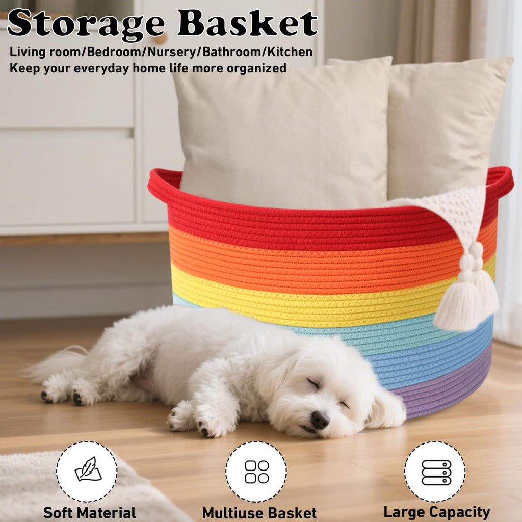 65L Large Blanket Basket, Rope Woven Laundry Basket-Rainbow