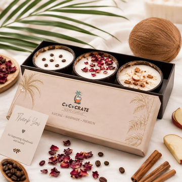 Coconut Shell Scented Candle Set, Roasted Coffee, Dark Rose, Apple Cinnamon, with Real Botanicals, Gift - Set of 3