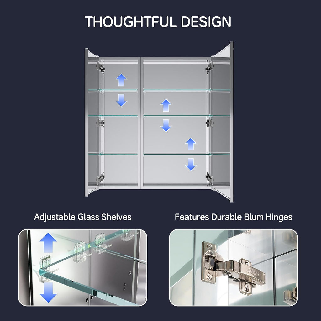 32" x 36" Medicine Cabinet with Mirror, Bathroom Mirror Cabinet | Anodized Chrome Aluminum Frame, Adjustable Shelves