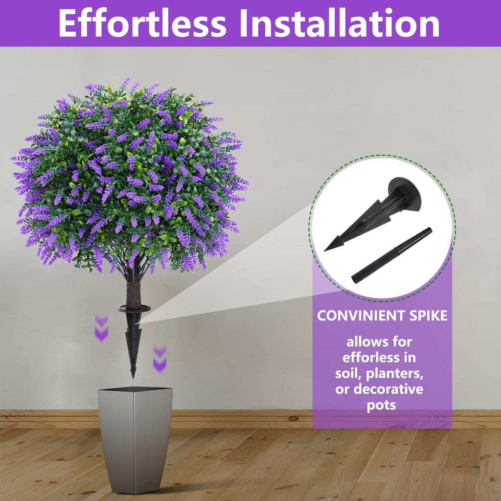 Lavender Topiary Ball Trees with Ground Spike, 2 Pack 16 Inches UV Resistant Artificial Shrubs, Fake Evergreen