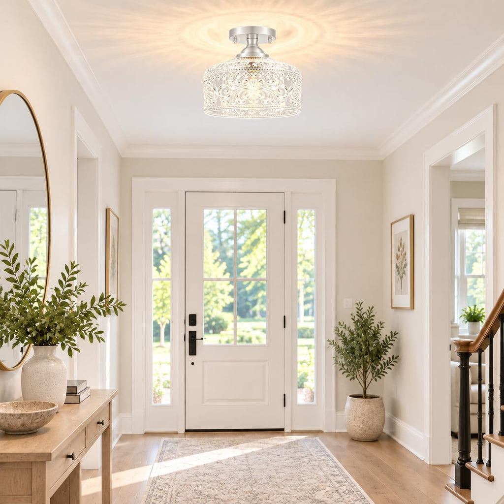 Brushed Nickel Semi Flush Mount Ceiling Light, Antique Ceiling Light with Glass, Indoor Close to Ceiling Light