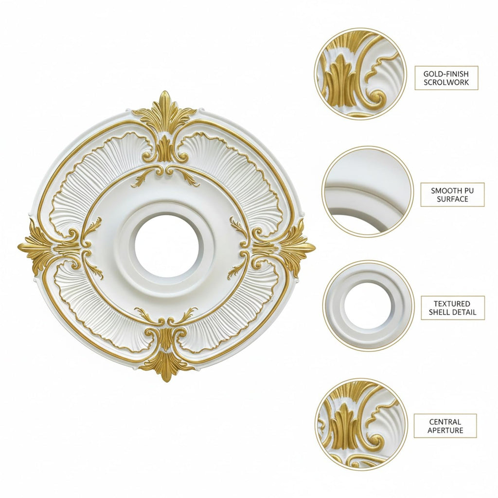 Easy Install Ceiling Medallion for Light Fixtures, Gold Polyurethane Decorative Ring Hides Gaps and Hardware (1 Piece)