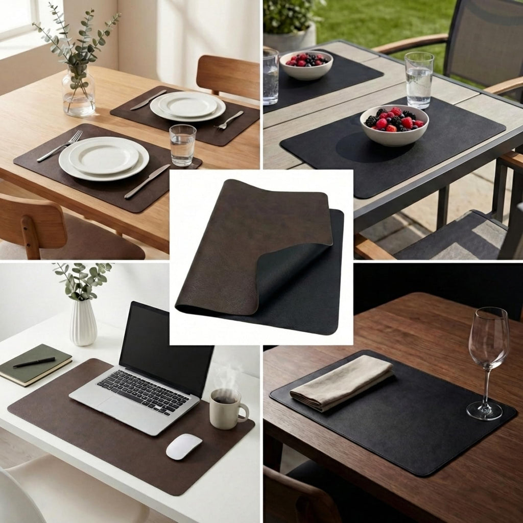 Faux Leather Placemats Set of 6, Black & Dark Brown
