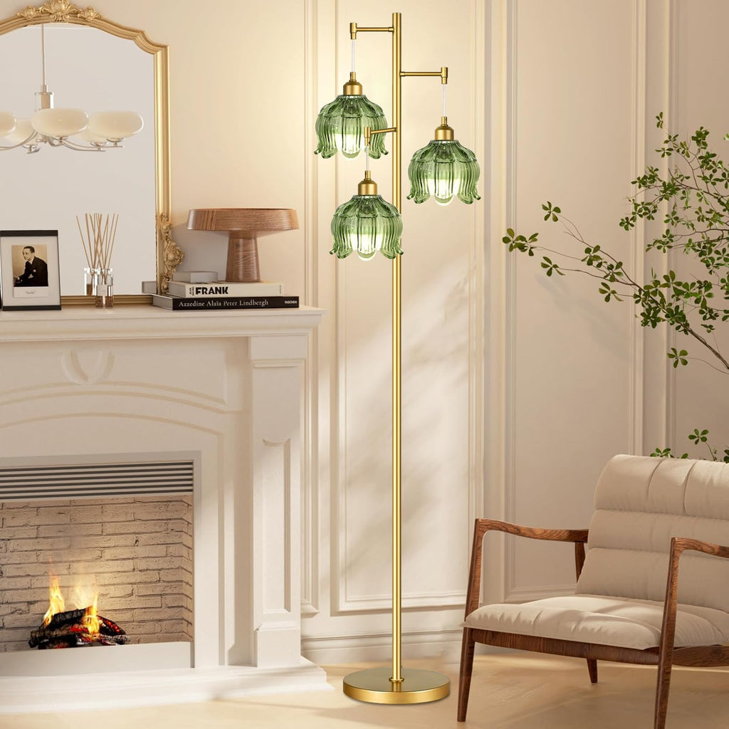 Vintage Floor Lamps Bedroom-3 Light Gold Floor Lamp with Glass Lampshape, Flower Green Tall Lamp Mid Century Modern