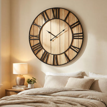 Large Farmhouse Wall Clock 24 Inch Vintage Brown Wooden Wall Clock with Quiet Ticking and Minimalist Roman Numerals