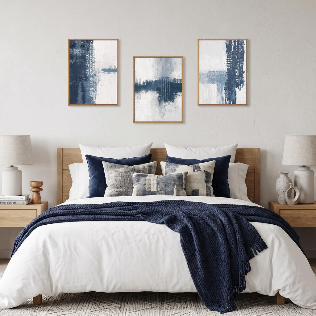 Abstract Navy Blue Grey Framed Canvas Wall Art Set, Modern Minimalist Wall Decor, Neutral Brush Stroke Artwork